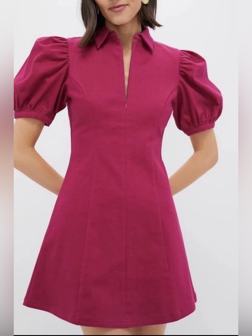 Hyacinth House Magenta Rasberry Puff-Sleeve Front Zip Denim Dress